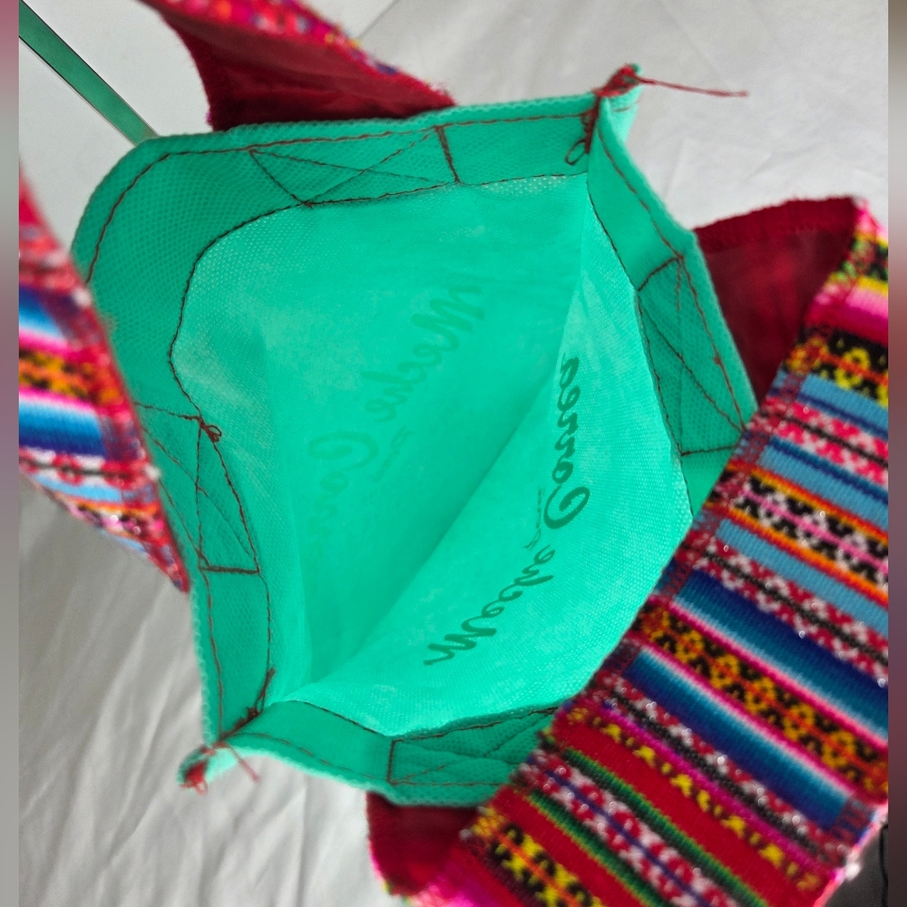 Meche Correa 12" X 9"inch Small Shopping bag Green w/ Inca Fabric Handles - Picture 3 of 6